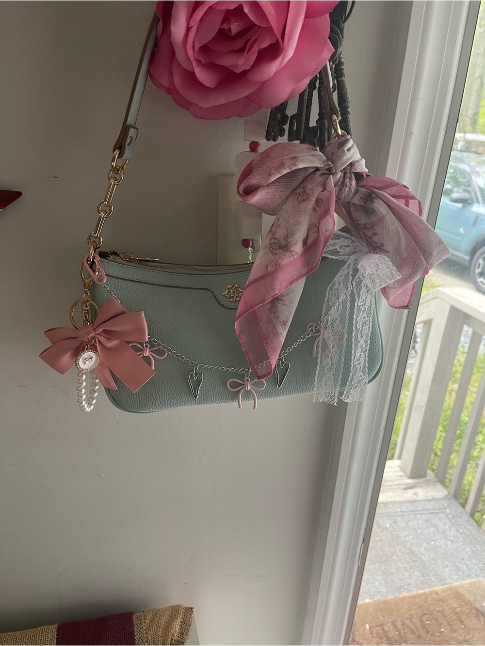 Pastel Mint Shoulder Bag with Pink Charms